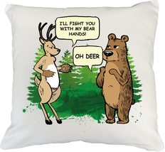 Make Your Mark Design Bear &amp; Deer Fight Animal Pun White Pillow Cover &amp; ... - £19.71 GBP+