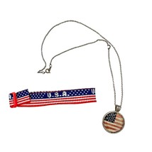 American Flag Necklace with Bonus USA Fabric Bracelet Patriotic Americana - £6.33 GBP