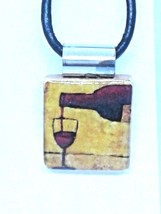 Necklace 1&quot; Wine Bottle Glass Printed Scrabble Game Tile Leather Cord - £11.80 GBP