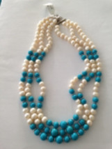 beach blue gemstone &amp; pearl tones beaded necklace  - £28.93 GBP