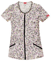 Dickies Women Scrub Top 82743 Small Speckles Posies S Zip Down Tunic Cotton - £3.92 GBP