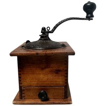 Antique Coffee Mill Grinder Dovetailed Wood Cast Iron Single Drawer 7x10&quot; - £52.08 GBP