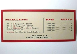 Blondie Chicago Coin 1956 Pinball Machine Score Card Instructions NOS Original - £29.48 GBP