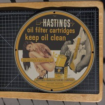 Vintage 1959 Hastings Oil Filter Cartridges Porcelain Gas &amp; Oil Metal Sign - £98.09 GBP