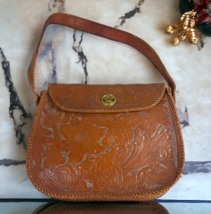 Vintage Tooled Floral Hand Made Leather Purse Vintage Handbag Green Line... - £52.24 GBP
