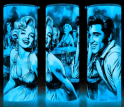 Glow in the Dark Elvis Presley &amp; Marilyn Monroe Watercolor Cup Mug Tumbler 20oz - £18.16 GBP