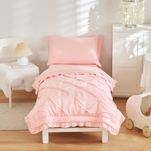 4 Pieces Pinch Pleated Toddler Bedding Set With Ruffle Fringe, Solid Color Pink  - £43.01 GBP
