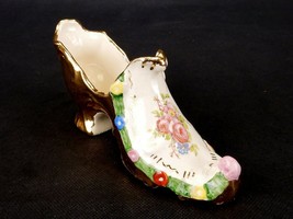 Porcelain Lady&#39;s Shoe Figurine, Vintage Decor, Gold Painted, Floral Moti... - $14.65