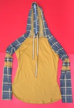 Ultra Flirt Mustard Yellow Hoodie Shirt Small Houndstooth Sleeves Soft M... - $5.94