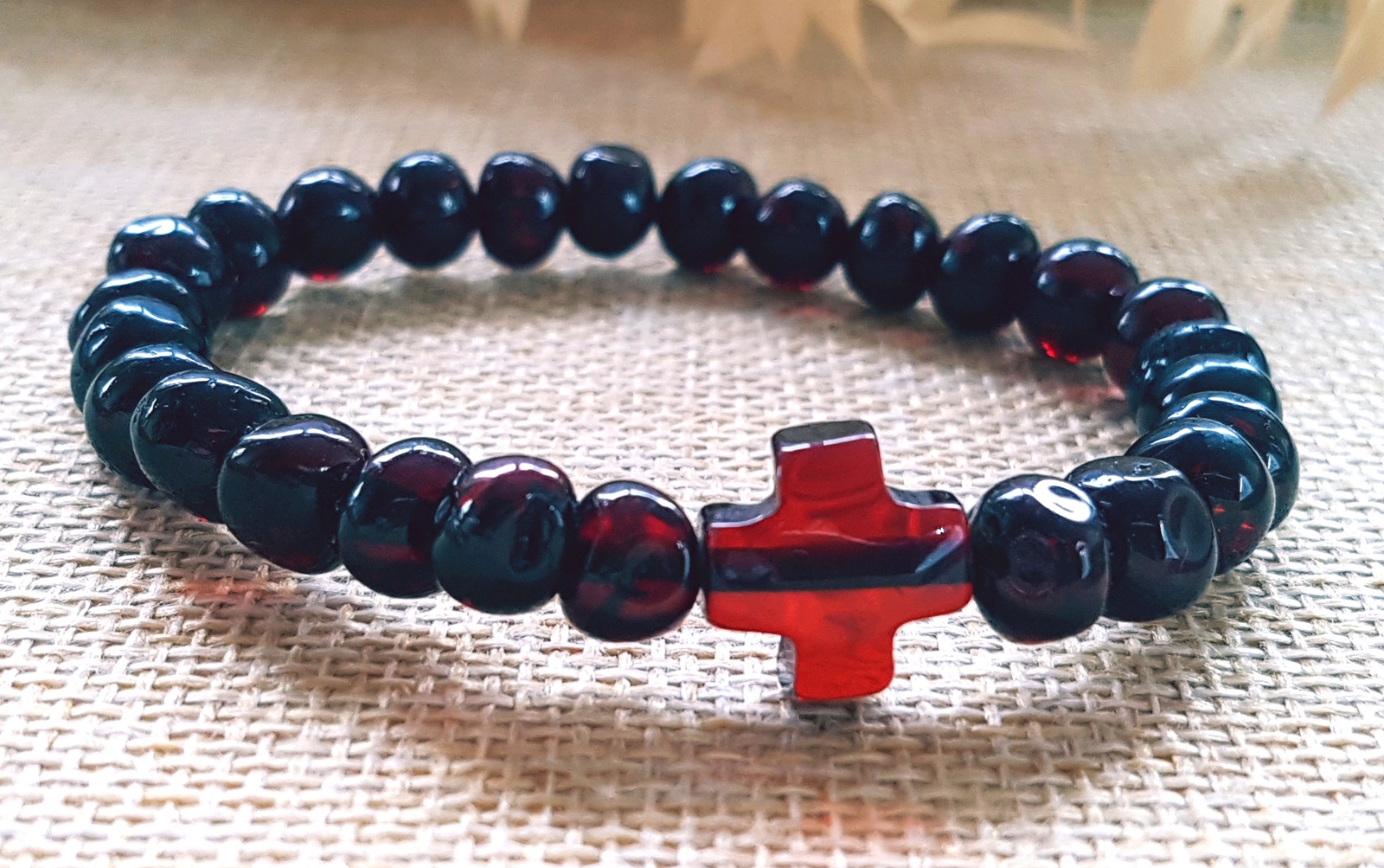 Religious Cross Stretch Rosary Baltic Amber Bracelet / Round Amber/ Unisex - $55.95