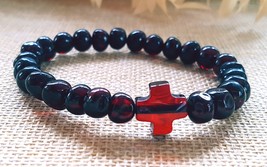 Religious Cross Stretch Rosary Baltic Amber Bracelet / Round Amber/ Unisex - $55.95