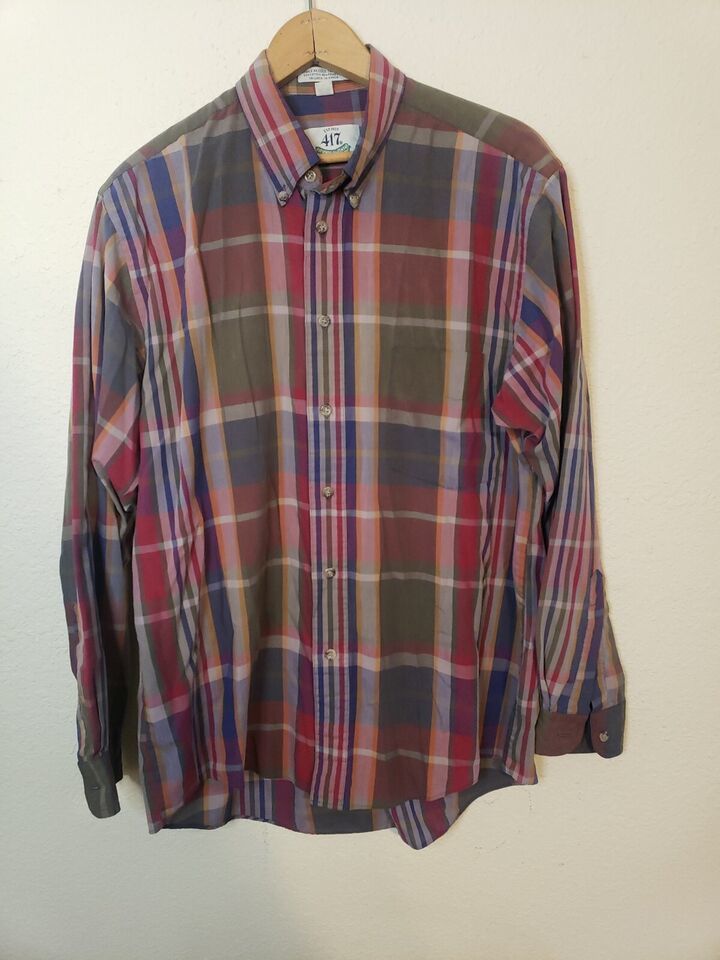 Primary image for VTG Van Heusen 417 Long Sleeve Plaid Button Up Shirt Size Med Blue Green & Red