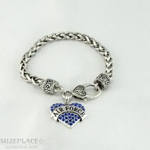 New Air Force Blue Crystal Heart Charm Silver Bracelet Heart Clasp Military - £11.78 GBP