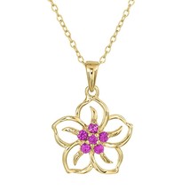 14K Yellow Gold GP Silver Round Pink Sapphire Flower Pendant Necklace With Chain - £44.17 GBP