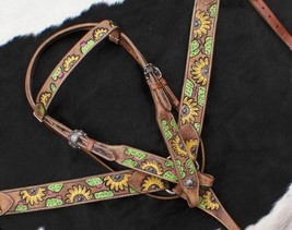 Western Horse Leather Tack Set Sunflower + Cactus Design Bridle Breast + Collar - £69.68 GBP