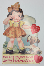 Vintage Die Cut Mechanical Valentines Day Card Crying Girl With Puppy Dog - £11.78 GBP