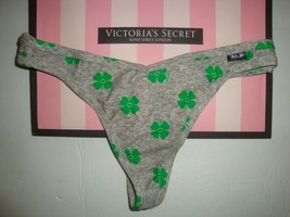 New Victoria&#39;s Secret &quot;Pink&quot; Cotton Thong Panty Gray With Green Shamrock Sz L - $12.86