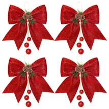 4Pcs Christmas Bow, Red Wreaths Bows, Christmas Tree Bow Glitter, Sequin Bow Tie - £31.62 GBP