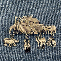 JJ Jonette Pewter &quot;Noah&#39;s Ark&quot; Giraffes, Elephants, Rhinos Brooch Vintage - £11.42 GBP