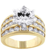 Yellow Gold Plated Brass Large 10mm Round Cubic Zirconia 3-Row Engagment... - $34.00