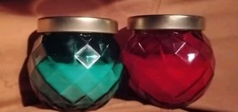 Pair Christmas Candles Glass Containers Red Green Colored  Light Catchig... - £17.86 GBP