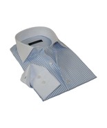 Men&#39;s Shirt MARCUZZI Turkey 100% Cotton Marc5 Blue Stripe White Collar a... - $75.64 CAD