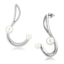 DA375 - High Polished Stainless Steel Earrings with Synthetic Pearl in White - $24.99