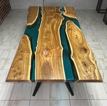 Green Epoxy Clear Dining Table, Handmade Furniture, Kitchen Slab Table D... - £373.06 GBP+