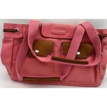 fossil pink canvas brown leather handbag satchel tote shopper key charm ... - $27.08