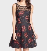 Betsey Johnson Vintage Dress Size 8 Black Net Lace Overlay Red Floral Mini - £63.26 GBP