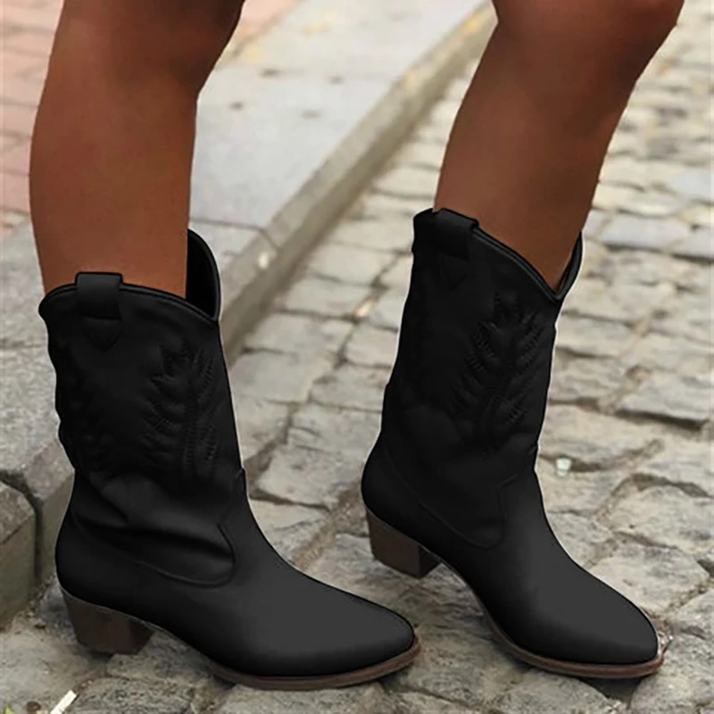 Vintage boy Knight Boots Women Shoes PU Leather Mid Calf Embroidery Western Boot - £110.01 GBP