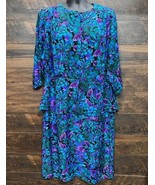 Sally III Vgt Dress 1980 Size 24 Black Teal Purple Floral Rayon Button F... - $67.04 CAD