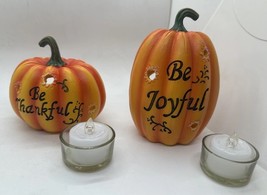 2 Pc Resin Thanksgiving Pumpkin Set Fall Centerpiece LED Candle Holder D... - $19.79