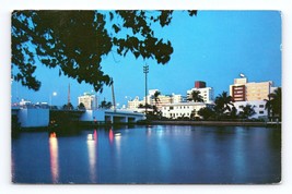 Night View of Hotels From Indian Creek Miami Beach Florida FL Chrome Postcard M7 - £2.29 GBP