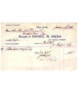 Antico Fattura Daniel Hicks Carta Produzione New York Città 1908 - £35.59 GBP