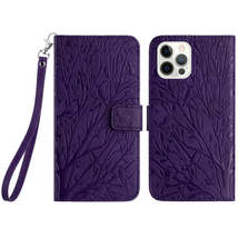 For iPhone 14 Pro Tree Birds Embossed Pattern Leather Phone Case(Purple) - £3.94 GBP