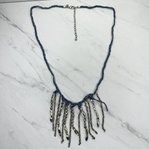 Chico&#39;s Blue Woven Beaded Tassel Fringe Silver Tone Necklace - £10.11 GBP