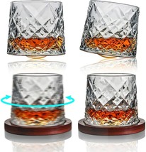 Set of 4 Crystal Whiskey Glasses with 4 Rotatable Coaster 12 oz Bar Glasses - £30.05 GBP