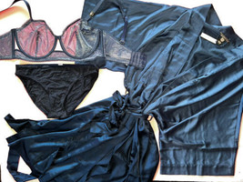 Victoria&#39;s Secret Unlined 36DD Bra Set+M Cotton panty+M/L Robe Navy Blue Shimmer - £77.86 GBP