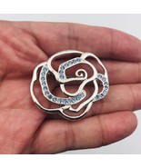 Rose Silver Tone Outline w/ Rhinestone Pin Brooch 1 5/8&quot; x 1 1/2&quot; - £7.49 GBP