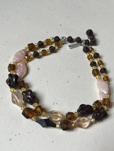Vintage Double Strand Dark Brown Clear White Amber &amp; Yellow Plastic Bead Choker  - £10.46 GBP