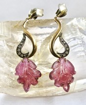 Natural Pink Tourmaline Carved Diamond 18K Gold 925 Silver Victorian Earring - £270.48 GBP