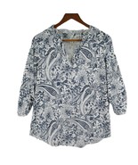 Women L Per Seption Concept Career Blouse White Blue Paisley Ruffle 3/4 ... - $8.89