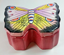 Butterfly Jewelry Dish 4x3x2in Trinkets Pink Multi Color Covered Lid Ceramic - £11.78 GBP