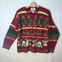 Tiara International Size S Red w Christmas Trees Presents Cardigan Sweater - £31.00 GBP