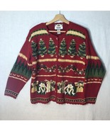 Tiara International Size S Red w Christmas Trees Presents Cardigan Sweater - £30.95 GBP