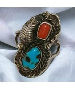 Vintage Sterling Turquoise and Coral Ring, sz 7.75 - $131.29 CAD