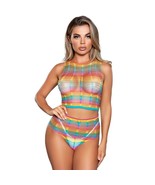 Rainbow Striped Net Cami Crop Top Booty Shorts Set Sheer Sleeveless Cut ... - £16.64 GBP