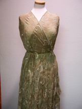 4.4yds Italian Couture Silk Chiffon Soft Green w/ Chic Gold Embroidery Designs - £157.32 GBP