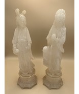 Pair of Vintage Hand Carved Rose Quartz Figurines 12&quot; Chinoiserie - $5,090.12 MXN